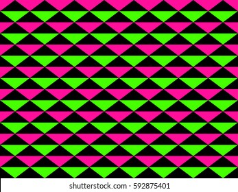 Classic Neon Colors Geometric Triangles Seamless Pattern. Fluorescent Lime Green, Hot Pink with Black. Glow in the Dark Background. Trendy 80s, 90s Style Revival. Vector Pattern Tile Swatch Included.