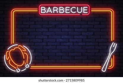 Quadro de vetor de néon clássico com sinal de churrasco, ícone de frango e garfo de grelhar. Ótimo para menus de restaurante, visuais de comida de rua e marca noturna.