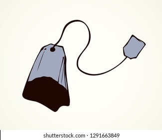 Classic new sealed porous dry citrus tisane teabag on white backdrop. Freehand line dark ink pen hand drawn pictogram sketchy in retro art doodle style. Closeup view with space for text on card tag