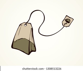 Classic new sealed porous dry teabag on white backdrop. Line dark ink hand drawn pictogram in retro art cartoon style. Closeup view