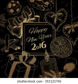 Classic New Year Golden card with linear sketch illustrations. New Year banner with a lot of graphics elements. Text greetings.