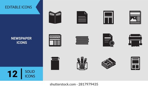 Classic newspaper solid icons highlighting daily press publications, print media layouts, journalism articles, editorial stories, and media distribution symbols.