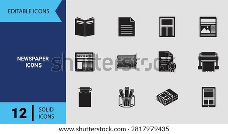 Classic newspaper solid icons highlighting daily press publications, print media layouts, journalism articles, editorial stories, and media distribution symbols.