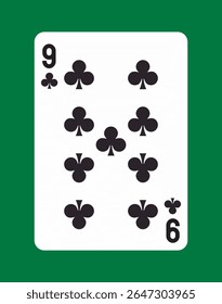 Clássico nove de clubes jogando carta com símbolos de clube preto em um fundo branco, definido contra um fundo verde. Conceito de jogos de casino e baralhos de cartas. Ilustração vetorial
