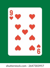 Classic nine of hearts playing card with red heart symbols and numbers on a white card, isolated on a green background. Concept of casino and gambling. Vector illustration