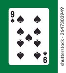 Classic nine of spades playing card with black spade symbols on a white rectangular card, placed on green background, concept of gambling or card games. Vector illustration