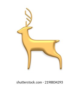 Classic north deer golden metallic bauble statuette decorative design side view realistic vector illustration. Luxury horned animal toy 3d template for Christmas tree or interior decor winter symbol