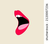 Classic nostalgic 80s-90s element in modern style flat, line style. Hand drawn vector illustration of lips, open mouth, whispering, breathing, singing, talking, podcast. Fashion patch, badge, emblem. 