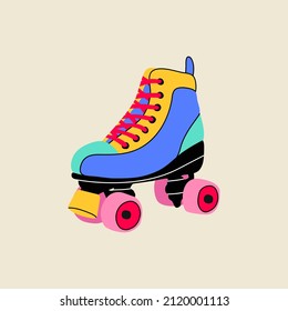 Classic nostalgic 80s-90s element in modern style flat, line art style. Hand drawn vector retro illustration of quad roller skates, oldschool. Fashion patch, badge, emblem, logo