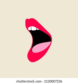 Classic nostalgic 80s-90s element in modern style flat, line style. Hand drawn vector illustration of lips, open mouth, whispering, breathing, singing, talking, podcast. Fashion patch, badge, emblem. 