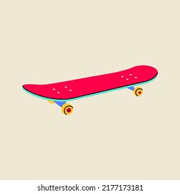 Classic nostalgic 80s-90s element in modern style flat, line art style. Hand drawn vector retro illustration of skateboard, oldschool. Fashion patch, badge, emblem, logo