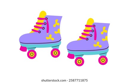 Classic nostalgic 80s-90s element in modern style flat, line art style. Hand drawn vector retro illustration of quad roller skates, old school. Fashion patch, badge, emblem, logo