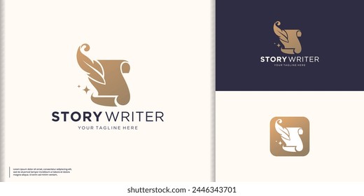 Classic note and quill logo design, signature illustration logo, book and feather, gradient logo template.