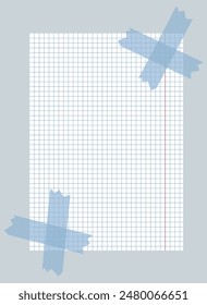 Classic notebook page glued with blue tape isolated on gray. A page from a school notebook in a cell. A sheet of paper. Pieces of decorative tape for scrapbooks