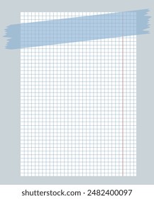 Classic notebook page glued with blue tape isolated on white. A page from a school notebook in a cell. A sheet of paper. Pieces of decorative tape for scrapbooks