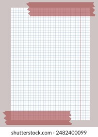 Classic notebook page glued with red tape isolated on white. A page from a school notebook in a cell. A sheet of paper. Pieces of decorative tape for scrapbooks