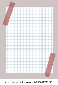 Classic notebook page glued with red tape isolated on white. A page from a school notebook in a cell. A sheet of paper. Pieces of decorative tape for scrapbooks