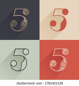 Classic number five logo with premium decoration. Four style serif font set. Vector icon perfect to use in any alcohol labels, glamour posters, luxury identity, etc.