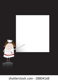 Un personaje clásico de la enfermera apunta a un tablero en blanco