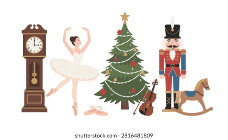 Classic Nutcracker elements including a grandfather clock ballerina tree violin and wooden soldier.