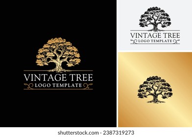 Classic Oak Maple Elm Chestnut Tree Silhouette. Residential landscape vintage logo design svg