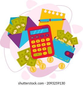 Classic office items. Calculator, notepad, pen. Money in an envelope and wallet. Accounting of the amount. Flat vector illustration.