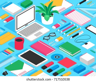 Classic office stationary accessoires colorful mockup isometric seamless design with erasers notepads markers glasses blue background vector illustration 