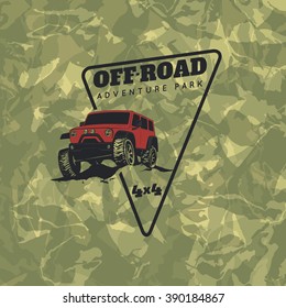 Classic off-road suv car emblem with green camouflage background.