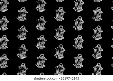 classic oil lantern doodle seamless pattern on black background for miner, explorer, adventure and camping oil lamp engraving pattern background. retro oil lantern hatching illustration background