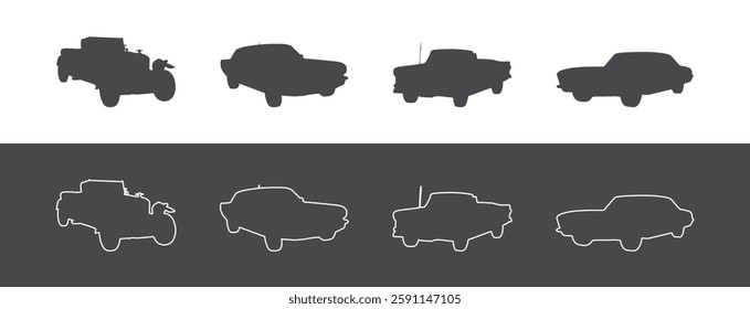 Classic old car silhouette view from side. Old car border line art.