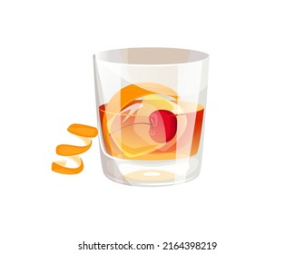 Classic Old Fashion cocktail in a glass glass.Alcoholic drink with orange peel, cherry and ice.