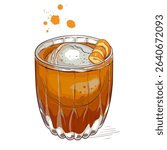 Classic Old Fashioned cocktail with orange twist and round ice cube. Bold and elegant whiskey drink