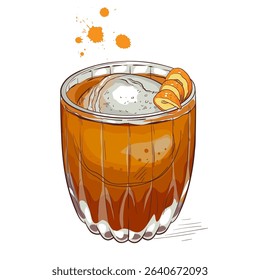 Classic Old Fashioned cocktail with orange twist and round ice cube. Bold and elegant whiskey drink