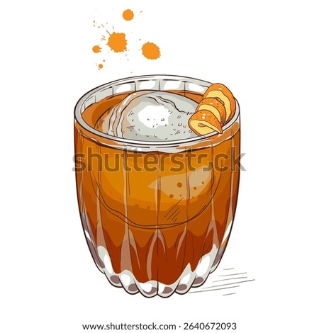 Classic Old Fashioned cocktail with orange twist and round ice cube. Bold and elegant whiskey drink