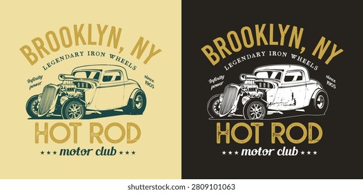 Classic old garage hot rod car t-shirt design vector.
