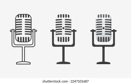 Classic old microphone vector in 3 simple styles. Microphone silhouette vector, flat color microphone vector, colorful vector microphone