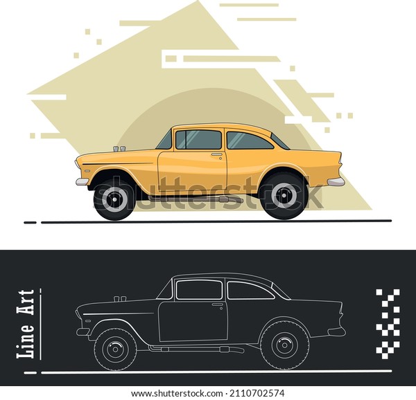 classic old muscle car\
vector design with yellow paint and separate line art. Flat vector\
illustration