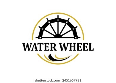 Classic old Noria wooden waterwheel from Syria or the arabic Middle East, logo design vector template label style.