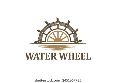 Classic old Noria wooden waterwheel from Syria or the arabic Middle East, logo design vector template label style.