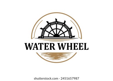 Classic old Noria wooden waterwheel from Syria or the arabic Middle East, logo design vector template label style.