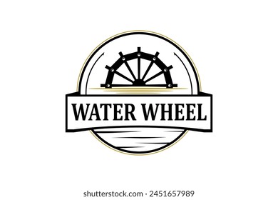 Classic old Noria wooden waterwheel from Syria or the arabic Middle East, logo design vector template label style.