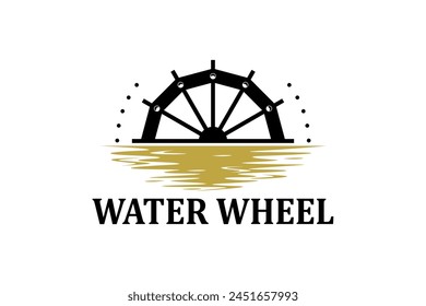 Classic old Noria wooden waterwheel from Syria or the arabic Middle East, logo design vector template label style.