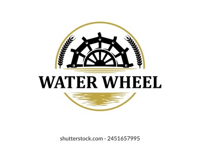 Classic old Noria wooden waterwheel from Syria or the arabic Middle East, logo design vector template label style.