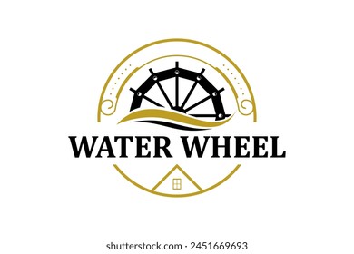 Classic old Noria wooden waterwheel from Syria or the arabic Middle East, logo design vector template label style. With roof house property.