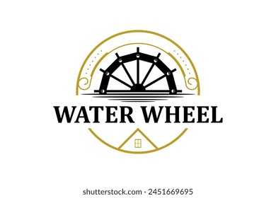 Classic old Noria wooden waterwheel from Syria or the arabic Middle East, logo design vector template label style. With roof house property.