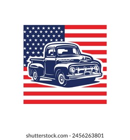 Camioneta Vieja Clásica American Flag 4th of July Ilustración vectorial Patriótica de Diseño de Camisetas. Lo mejor para el diseño de camisetas automotrices