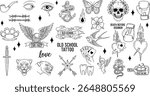 Classic old school tattoos, black and white images of vintage american old school tattoos for sailors, gangsters, hipsters. Black and white outline stickers with Classic retro lettering. 