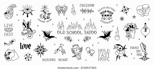 Tatuajes clásicos de la vieja escuela, Imágenes en blanco y negro de tatuajes vintage de la vieja escuela americana para marineros, gánsteres, hipsters. Pegatinas de contorno en blanco y negro con letras clásicas retro. Conjunto de Vectores