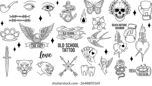 Tatuagens clássicas da velha escola, imagens em preto e branco de tatuagens da velha escola americana vintage para marinheiros, gangsters, hipsters. Autocolantes de contorno preto e branco com letras retro clássicas. 