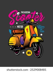 Classic old scooter. Original vector illustration in vintage style. T-shirt design. Hand drawn, not AI